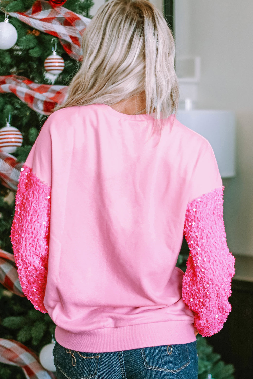 Pink Sequin Patchwork Long Sleeve Pullover Top - SELFTRITSS