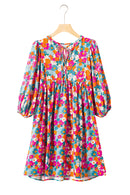 Sky Blue Floral Print Tie Split Neck Bubble Sleeve Babydoll Dress - SELFTRITSS