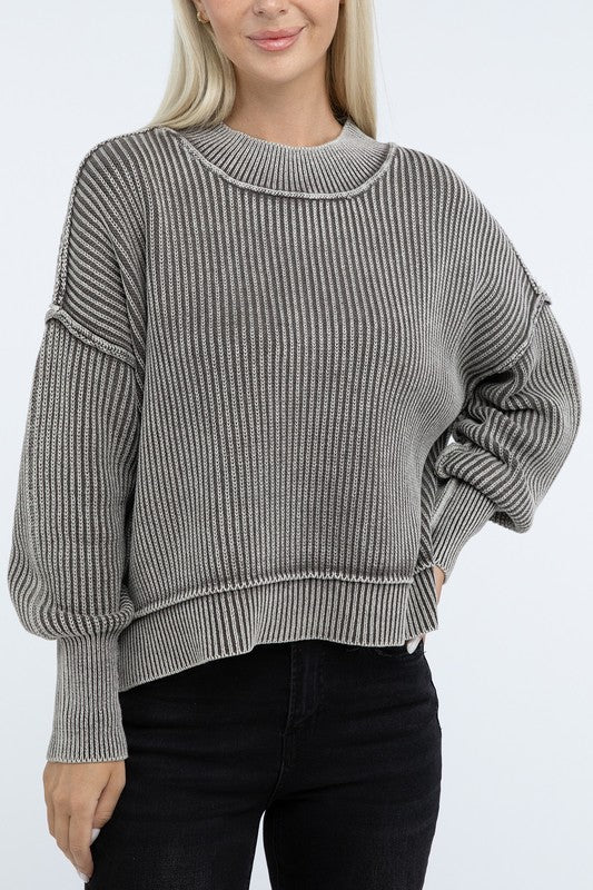 Sage Washed Side Slit Oversized Cropped Sweater