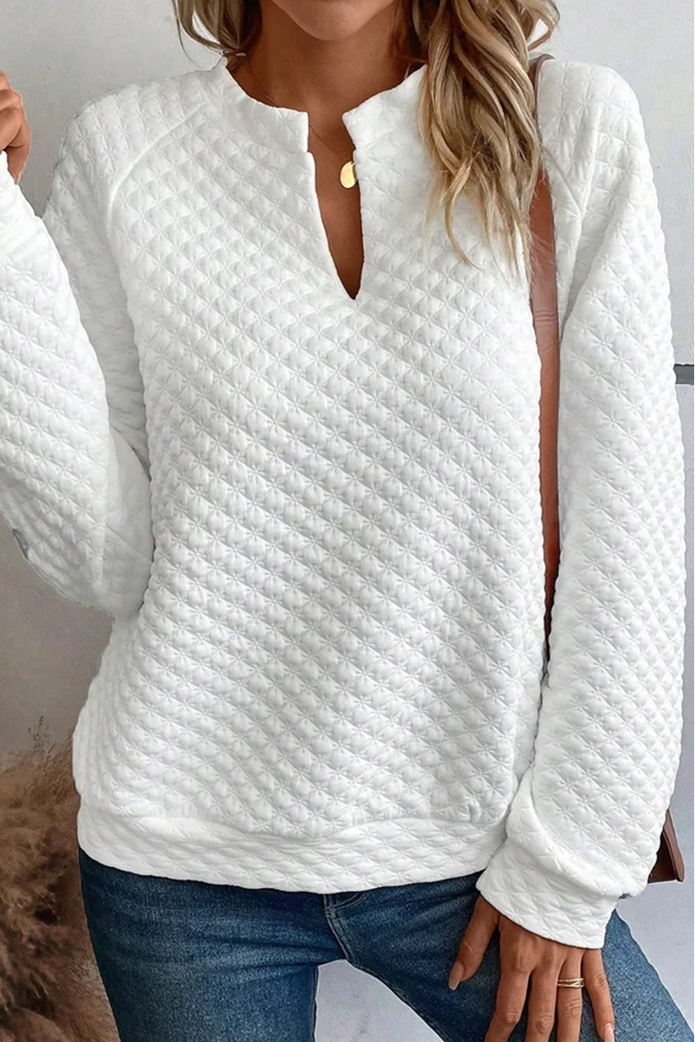 White Split Neck Quilted Long Sleeve Top - SELFTRITSS