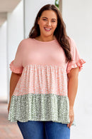 Pink Ruffled Short Sleeve Leopard Splicing Flowy Plus Size Top - SELFTRITSS   