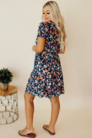 Blue Short Sleeve A-line Floral Dress - SELFTRITSS