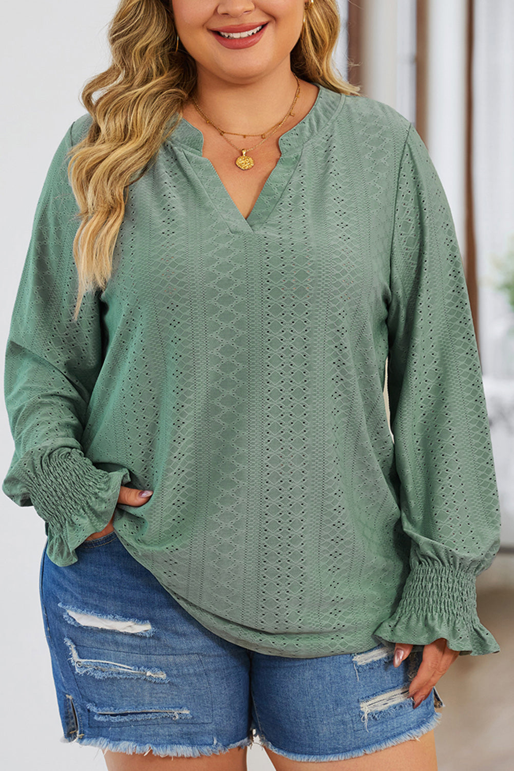 Green Eyelet Jacquard Split Neck Flounce Sleeve Plus Size Blouse - SELFTRITSS