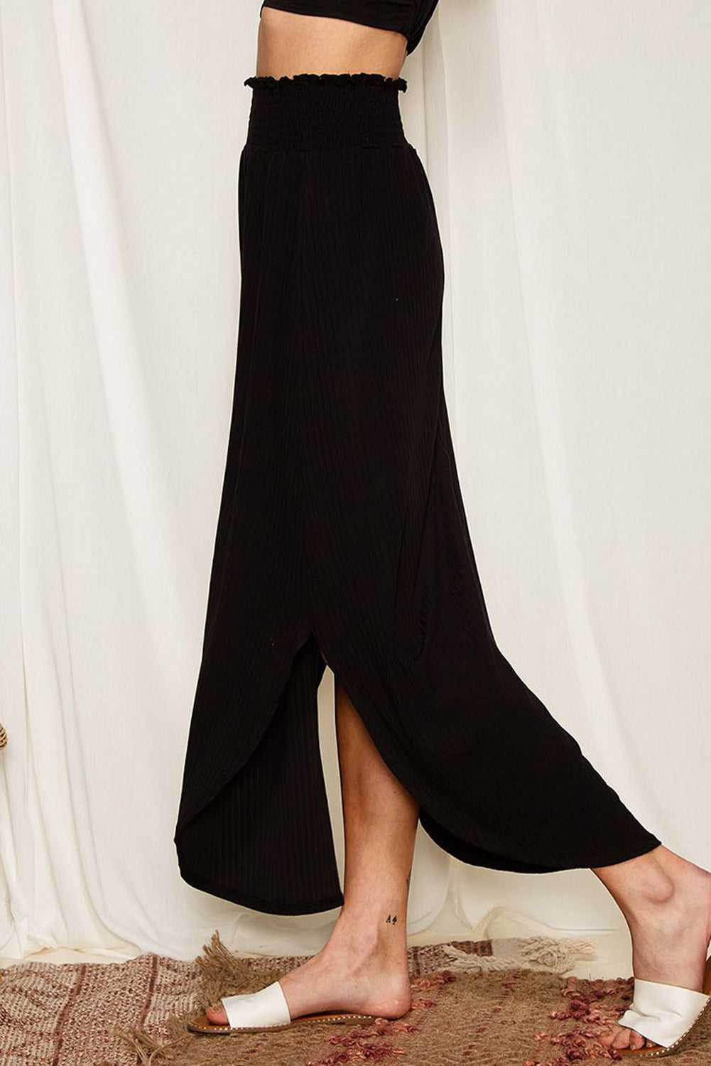 Black Smocked High Waist Maxi Skirt with Slit - SELFTRITSS