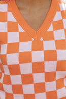 Russet Orange Checkered V Neck Knitted Sweater Vest - SELFTRITSS   