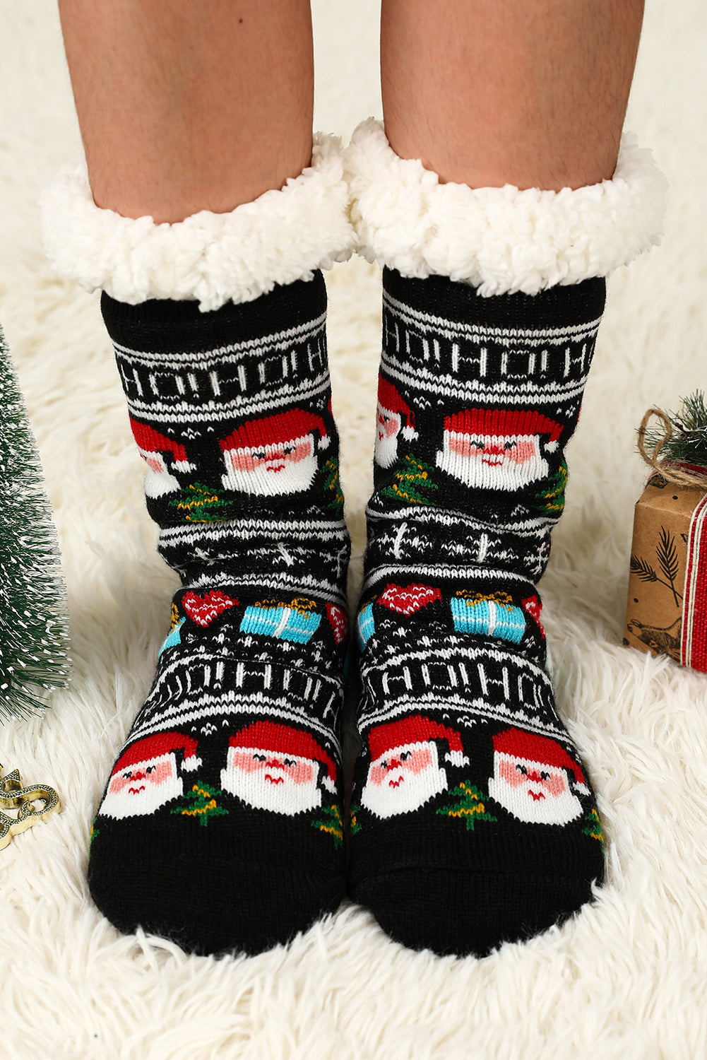 Black Cartoon Santa Claus Christmas Fleece Socks - SELFTRITSS