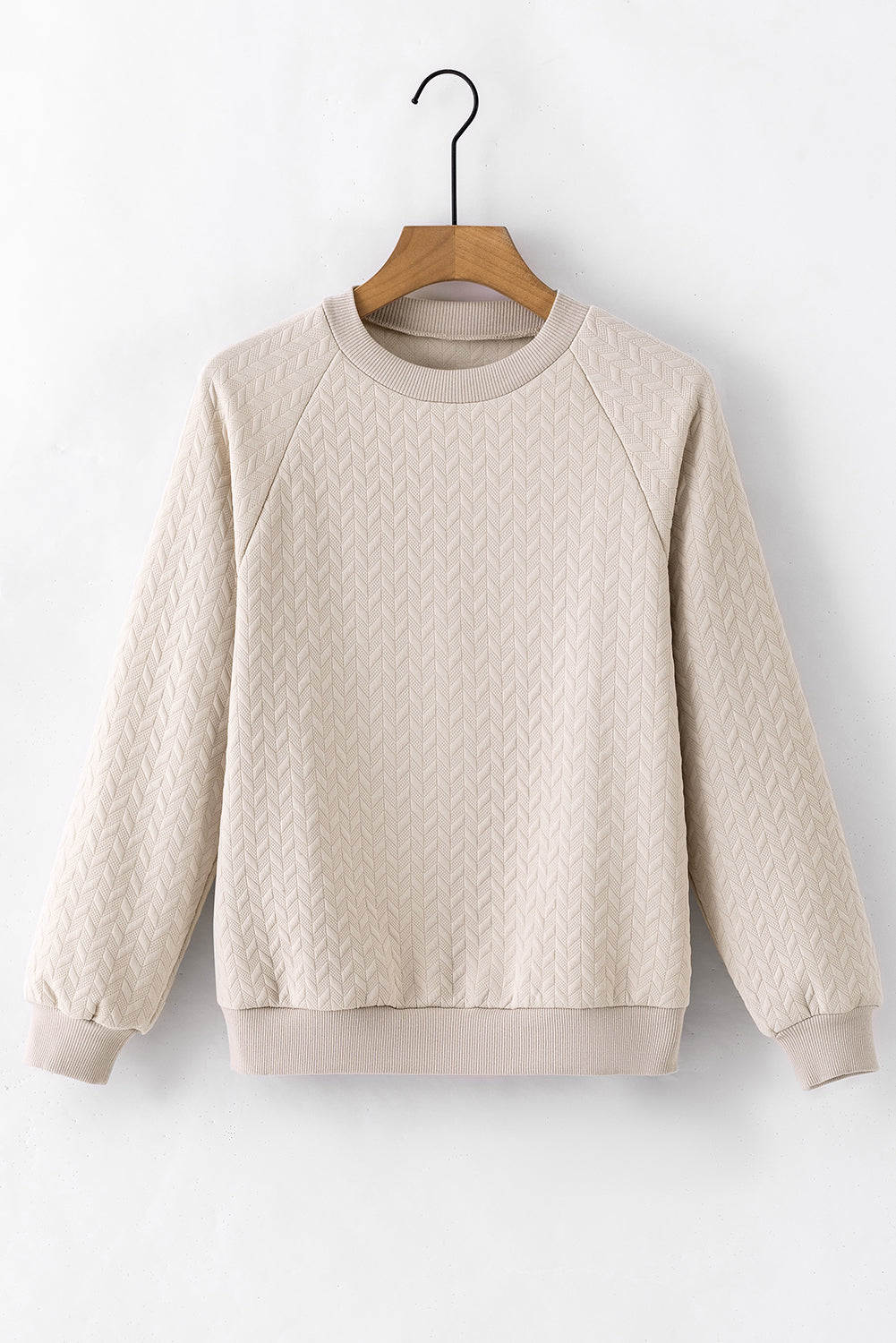 Beige Solid Textured Raglan Sleeve Pullover Sweatshirt - SELFTRITSS   