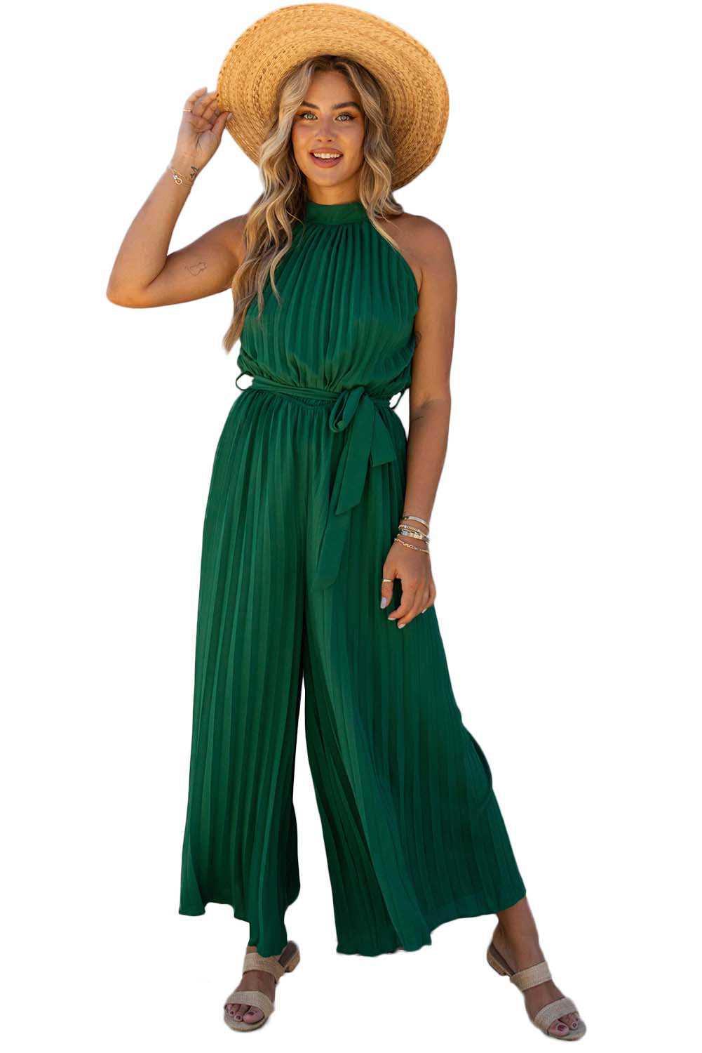 Green Halter Neck Pleated Wide Leg Jumpsuit with Belt - SELFTRITSS   