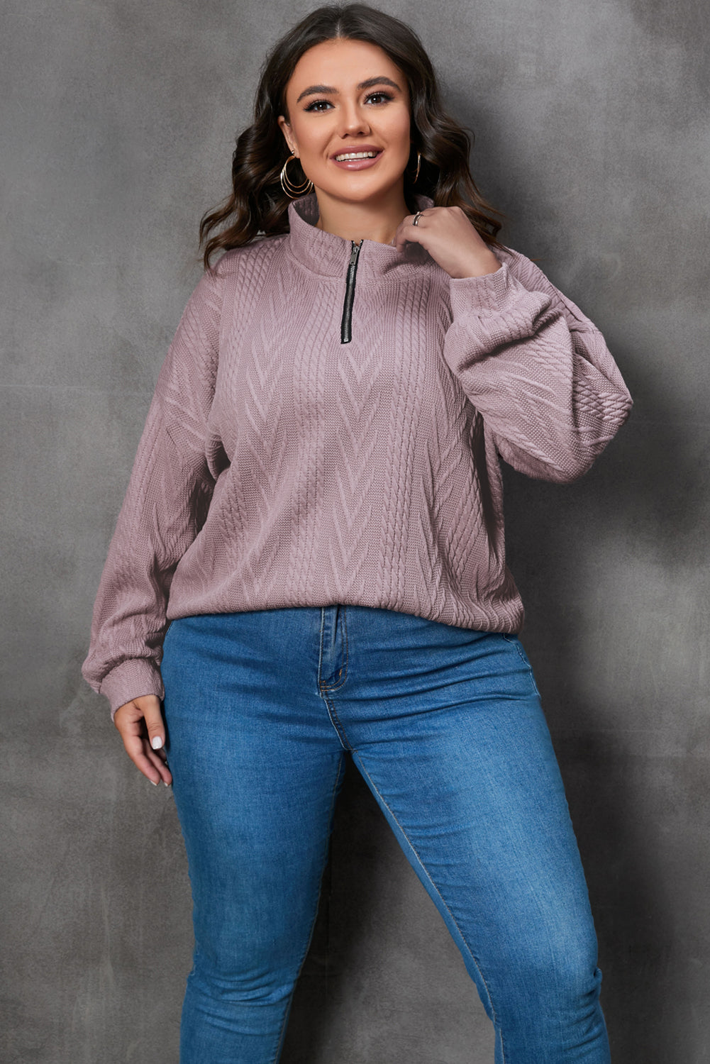 Plus Size Textured Knit Zip Neck Pullover - SELFTRITSS