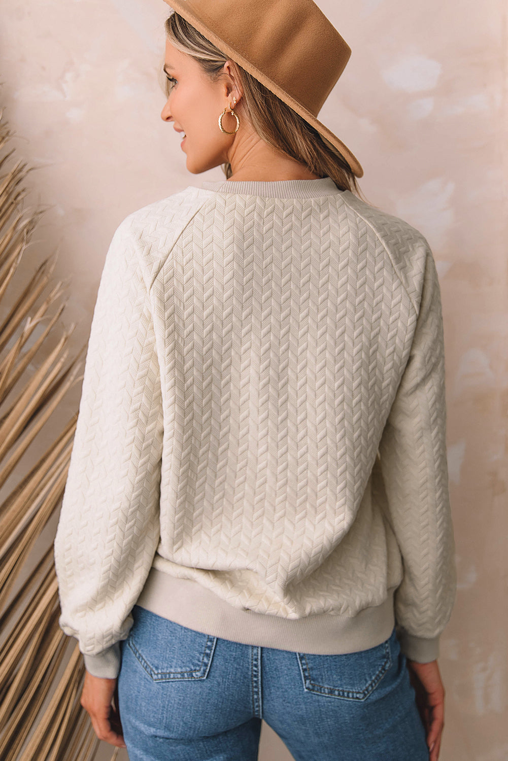 Beige Solid Textured Raglan Sleeve Pullover Sweatshirt - SELFTRITSS   