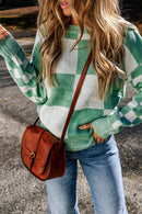 Mint Green Checkered Print Drop Shoulder Sweater - SELFTRITSS   