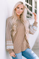 Light French Beige Floral Striped Patchwork Loose Long Sleeve Top - SELFTRITSS   