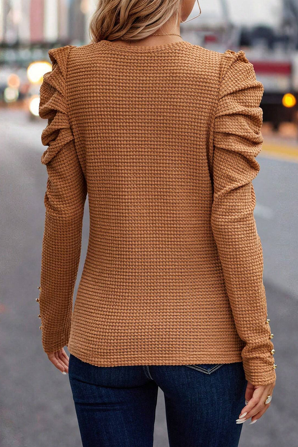 Chestnut Solid Color Textured Buttoned Gigot Sleeve Top - SELFTRITSS