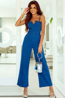 Blue Spaghetti Straps Notch V Denim Jumpsuit - SELFTRITSS   