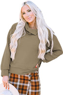 Apricot Quilted Buttoned Neckline Stand Neck Pullover Sweatshirt - SELFTRITSS