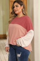 Mineral Red Plus Size Ribbed Colorblock Long Sleeve Top - SELFTRITSS