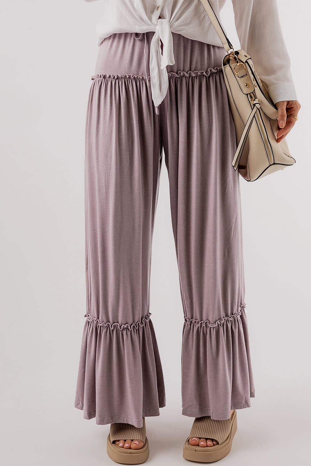 Khaki Frilled Drawstring High Waist Wide Leg Pants - SELFTRITSS   