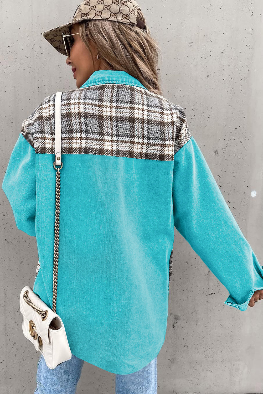 Sky Blue Plaid Patchwork Pockets Denim Jacket - SELFTRITSS   