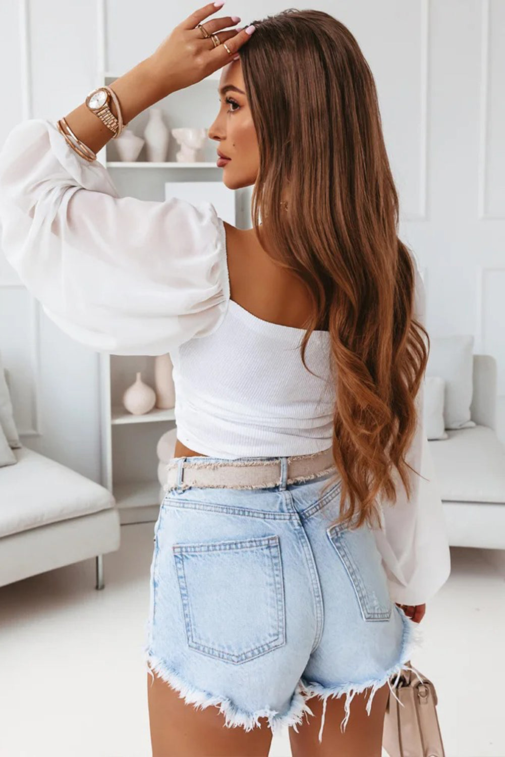 White Drawstring Front Sheer Puff Sleeve Crop Top - SELFTRITSS