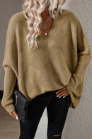 Camel Checkered Textured Batwing Sleeve Sweater - SELFTRITSS