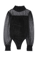 Black Sheer Dotty Long Sleeve Ribbed Velvet Bodysuit - SELFTRITSS