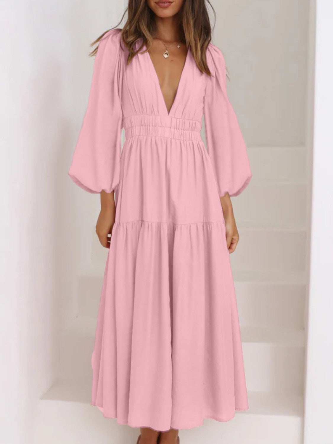 Deep V-Neck Balloon Sleeve Plain Maxi Dress - SELFTRITSS   