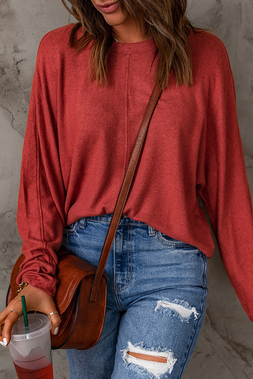 Red Solid Color Patchwork Long Sleeve Top - SELFTRITSS   