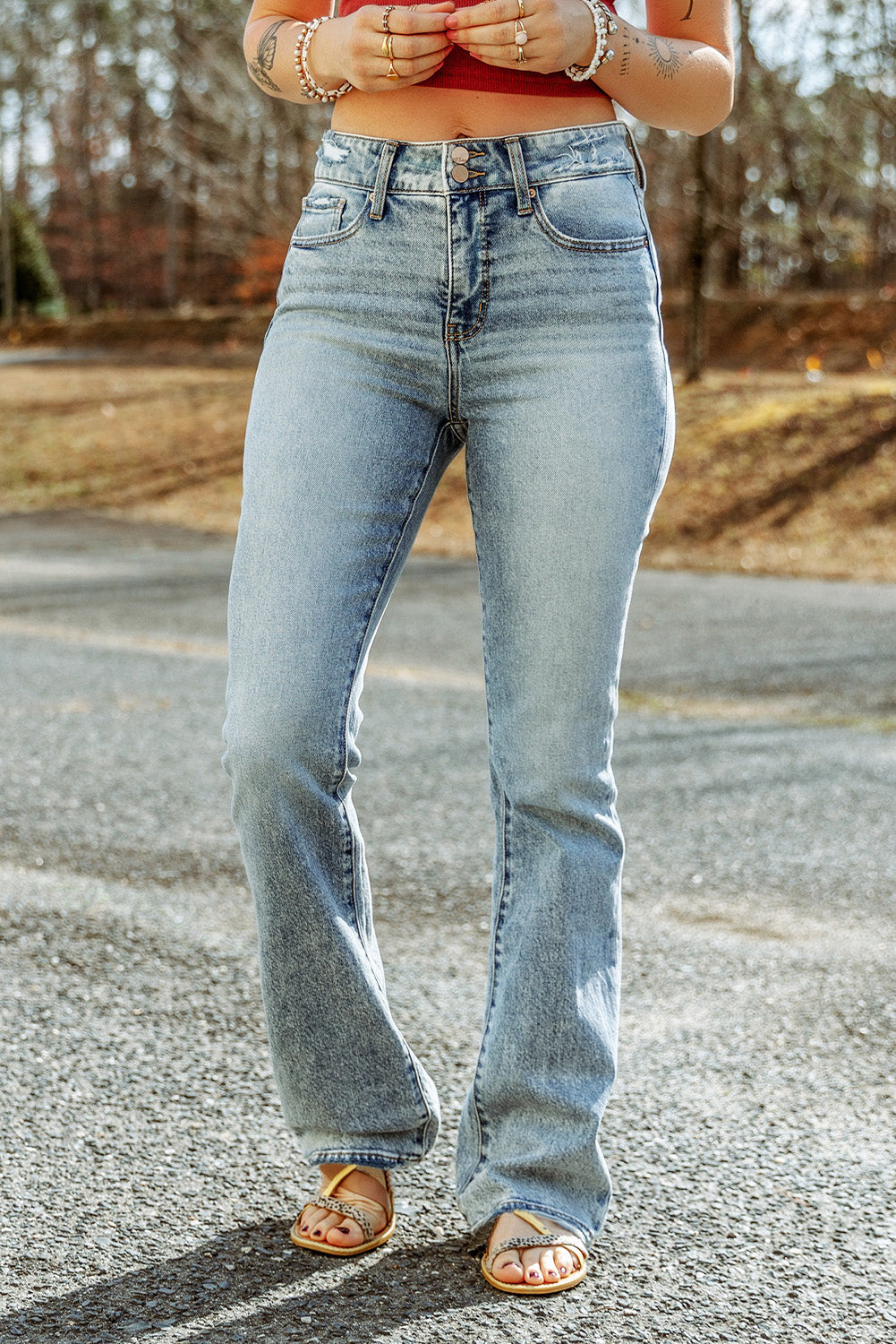 Sky Blue Subtle Ripped Detail Flare Bottom Jeans - SELFTRITSS