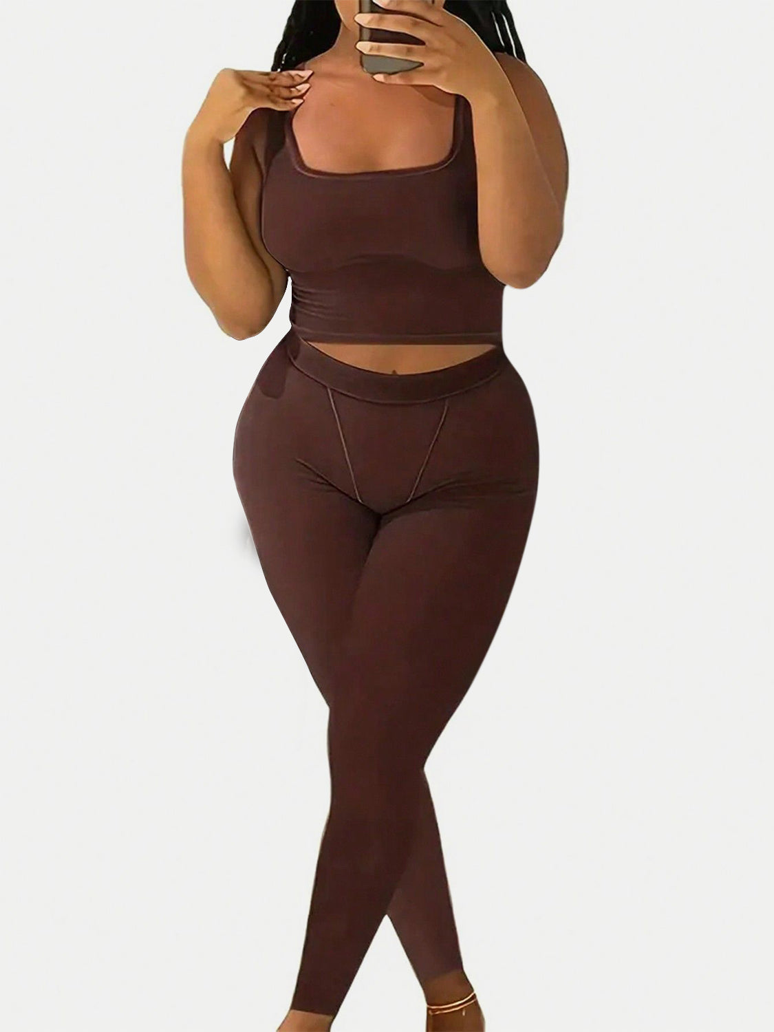 Square Neck Wide Strap Top and Leggings Set - SELFTRITSS   