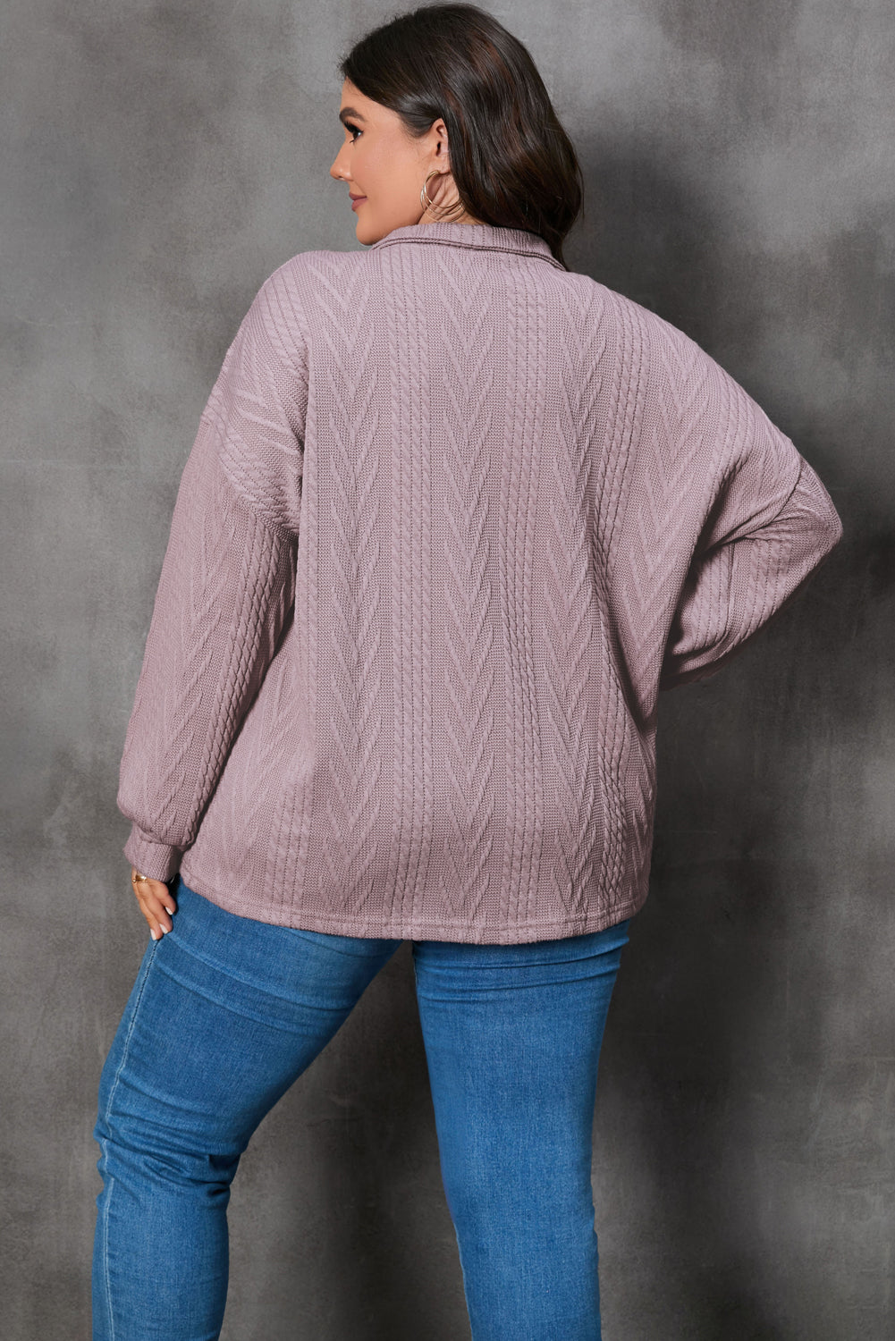 Plus Size Textured Knit Zip Neck Pullover - SELFTRITSS