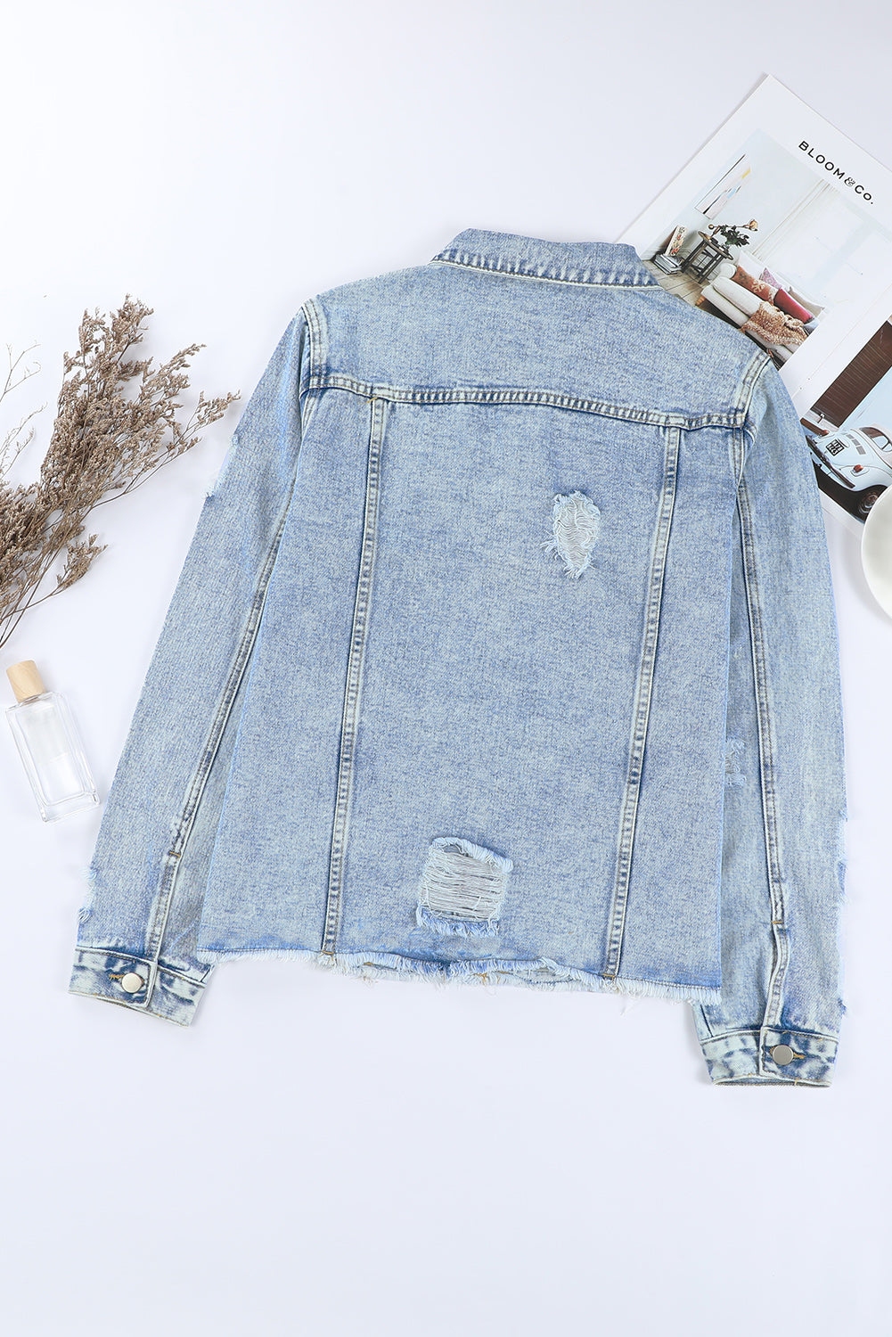 Sky Blue Lapel Distressed Raw Hem Buttons Denim Jacket - SELFTRITSS   