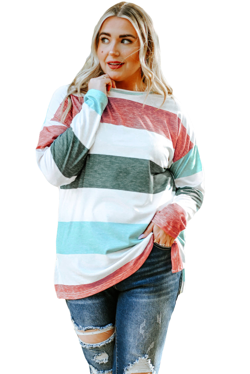 Green Plus Size Colorblock Pullover Top - SELFTRITSS   