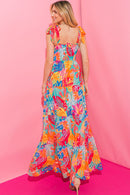 Multicolor Vibrant Tropical Print Smocked Ruffle Tiered Maxi Dress - SELFTRITSS