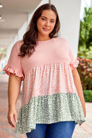 Pink Ruffled Short Sleeve Leopard Splicing Flowy Plus Size Top - SELFTRITSS   