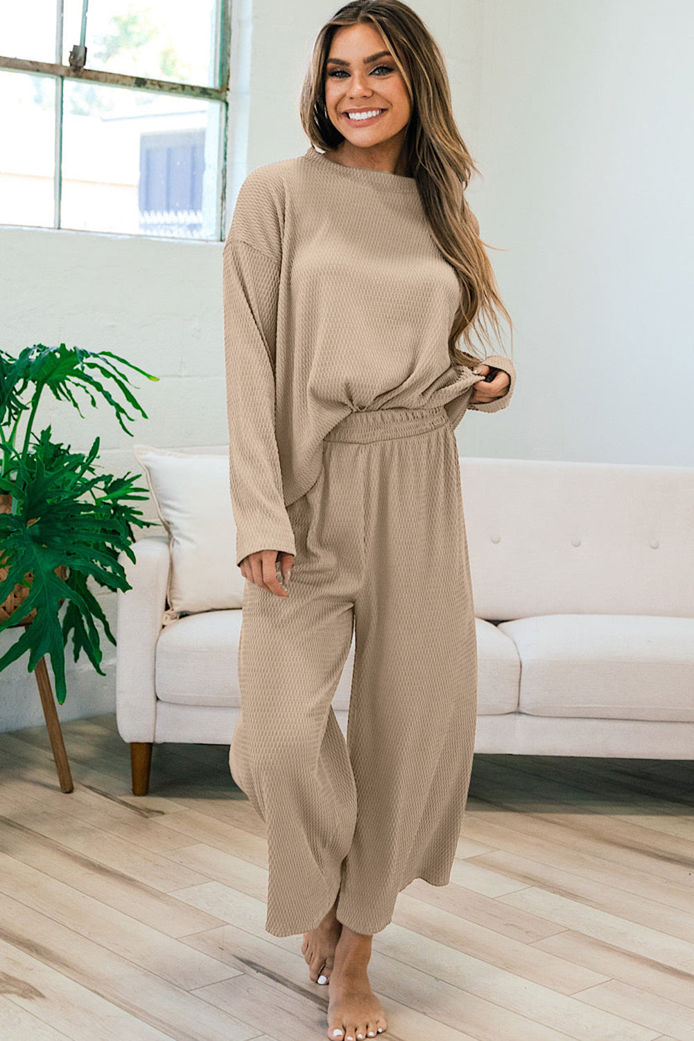 Smoke Gray Loose Textured Pullover and Pants Outfit - SELFTRITSS   