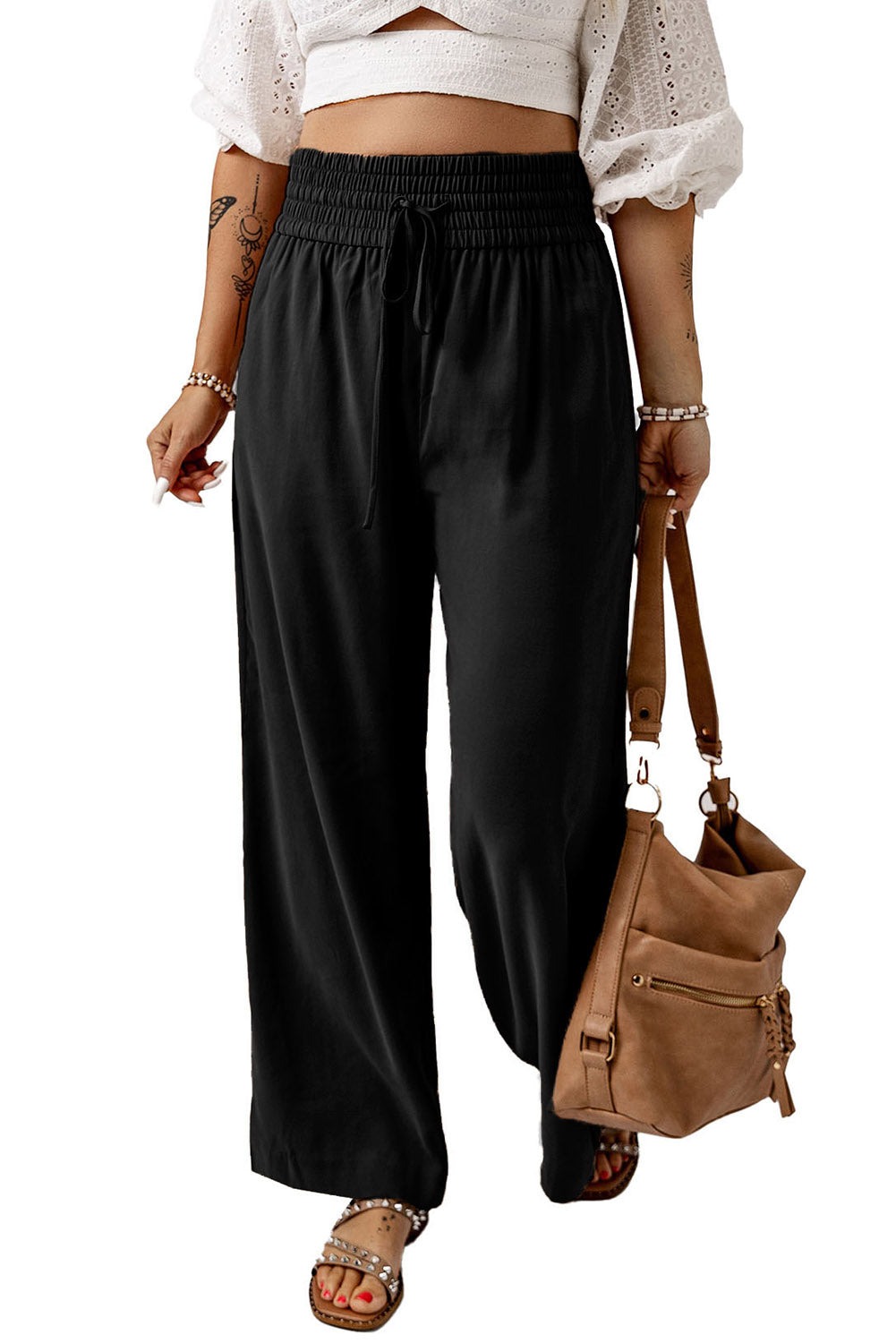 Black Drawstring Elastic Waist Casual Wide Leg Pants - SELFTRITSS   