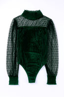 Green Sheer Dotty Long Sleeve Ribbed Velvet Bodysuit - SELFTRITSS