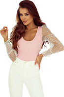 Pink Dotted Mesh Puff Sleeve Ribbed Bodysuit - SELFTRITSS