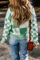 Mint Green Checkered Print Drop Shoulder Sweater - SELFTRITSS   