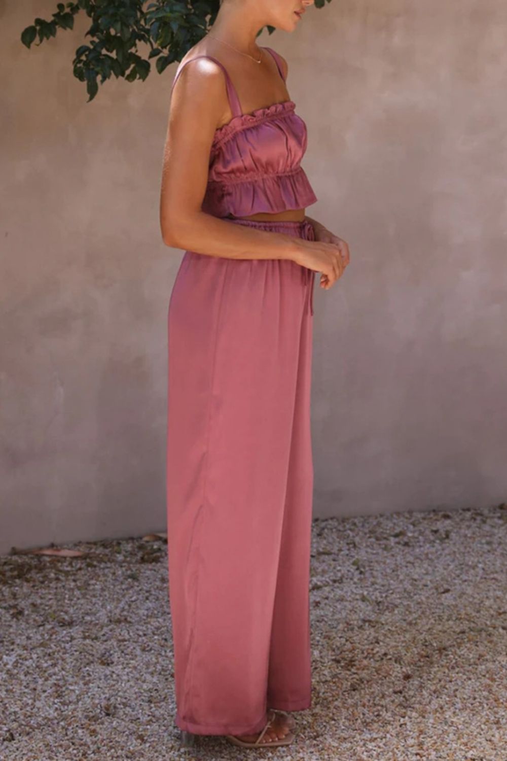 Ruffled Sleeveless Top and Wide Leg Pants Set - SELFTRITSS   