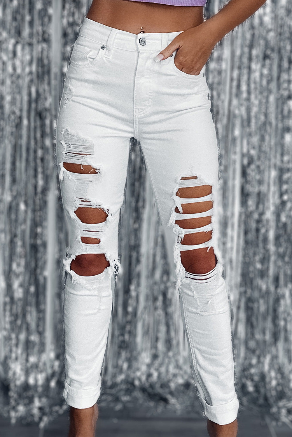 White Distressed Ripped Holes High Waist Skinny Jeans - SELFTRITSS