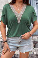 Blackish Green Plus Size Embroidery V Neck Draped Sleeve Blouse - SELFTRITSS