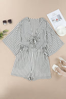 Gray 3/4 Wide Kimono Sleeves Tie Front Striped Romper with Pockets - SELFTRITSS   