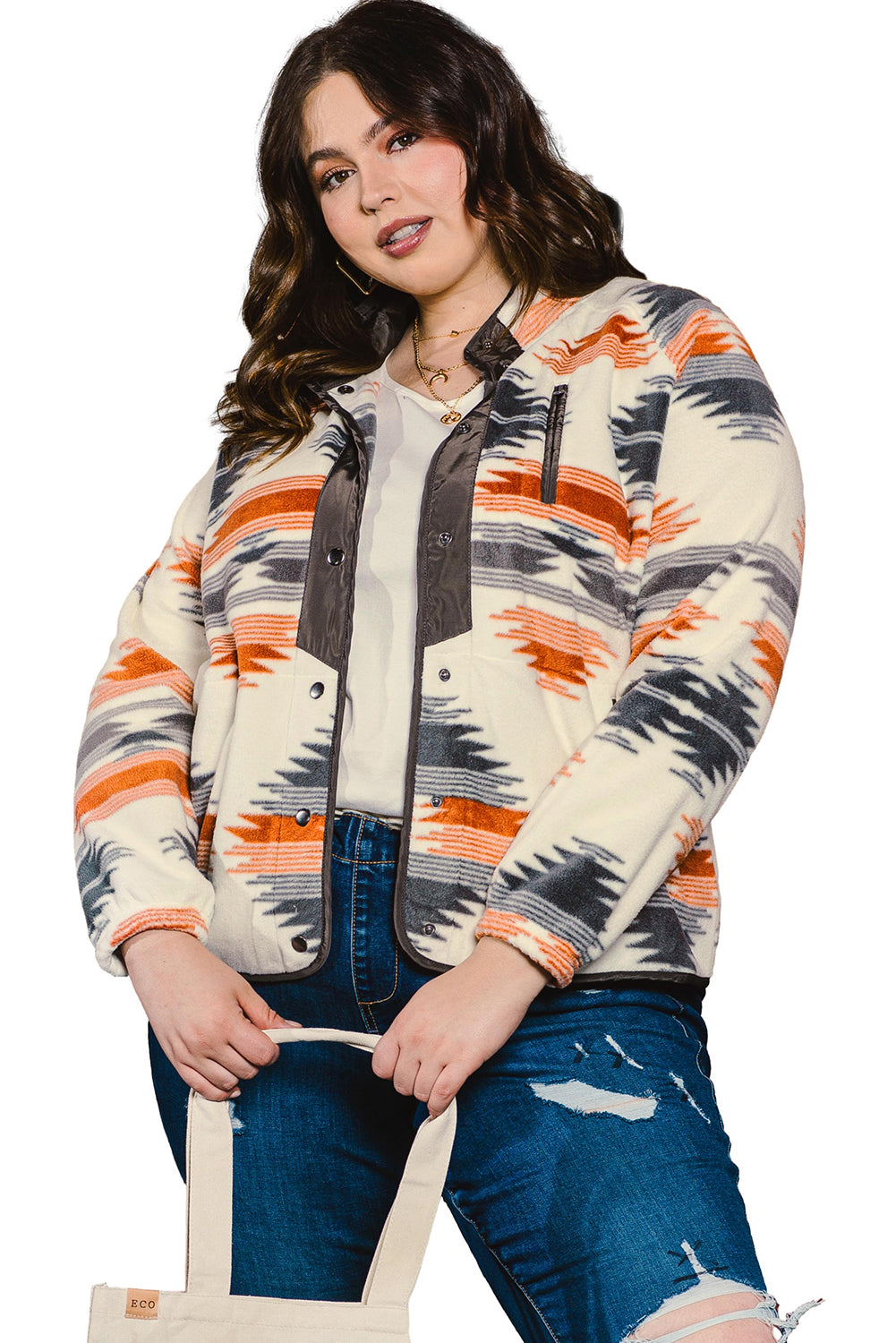 Gray Printed Aztec Print Stand Neck Snap Buttons Plus Size Jacket - SELFTRITSS