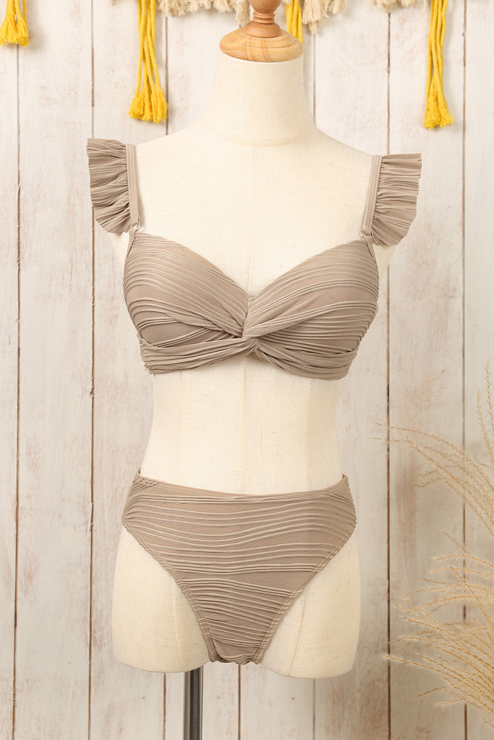 Pale Khaki Wavy Textured Ruffled Straps Twist Bikini Swimsuit - SELFTRITSS