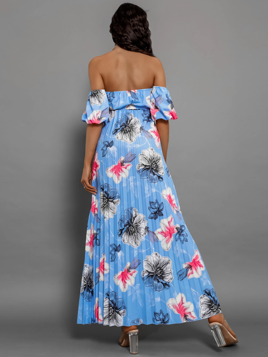 Pleated Floral Off-Shoulder Short Sleeve Midi Dress - SELFTRITSS   