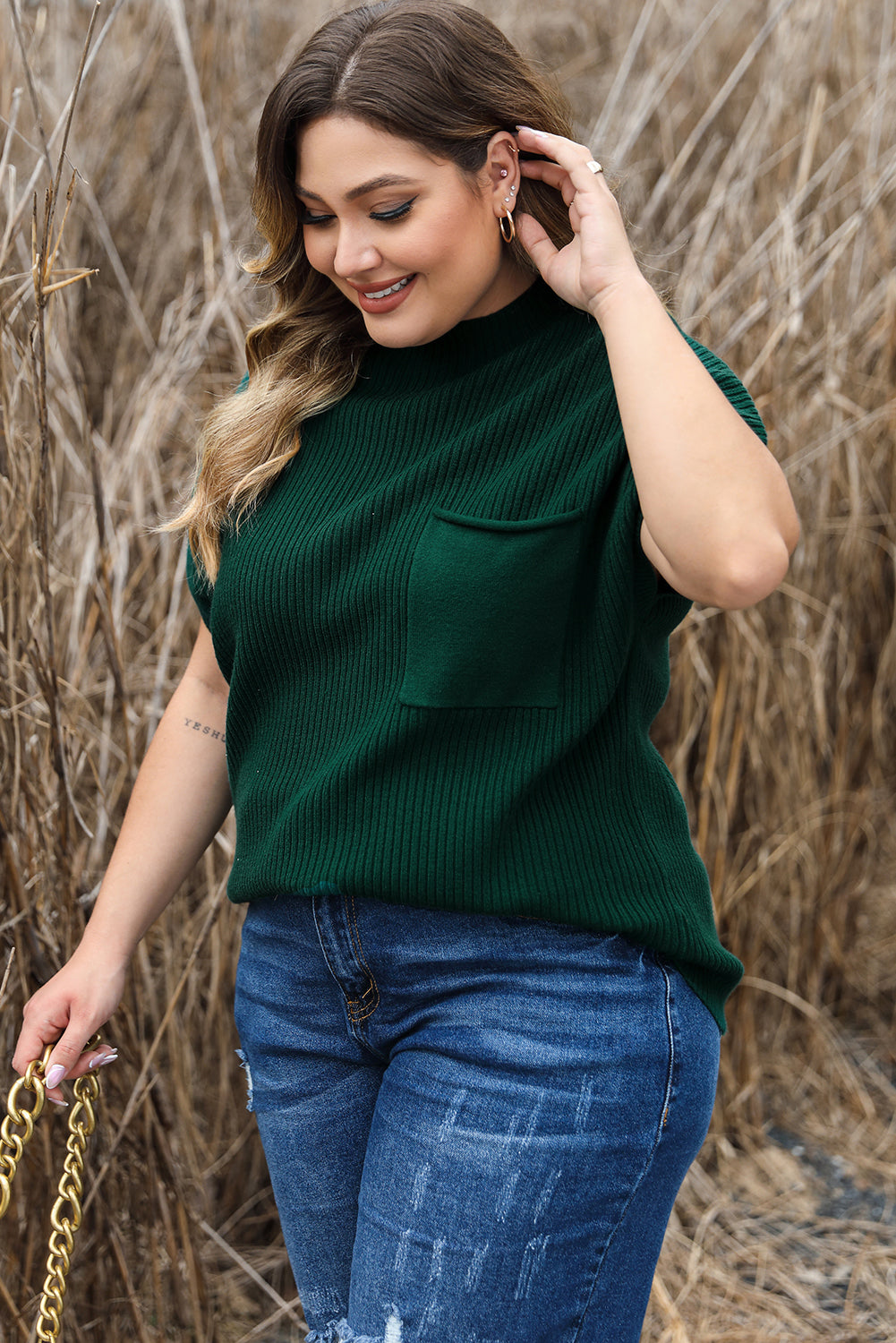 Jungle Green Plus Size Mock Neck Chest Pocket Short Sleeve Sweater - SELFTRITSS