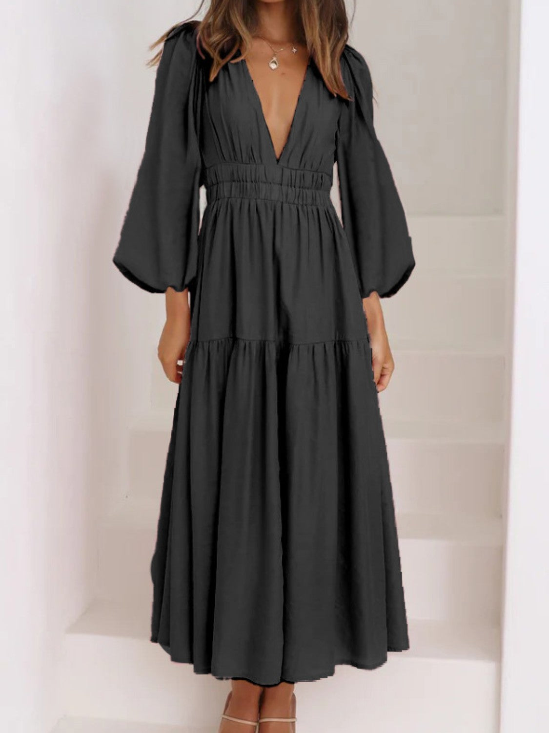 Deep V-Neck Balloon Sleeve Plain Maxi Dress - SELFTRITSS   