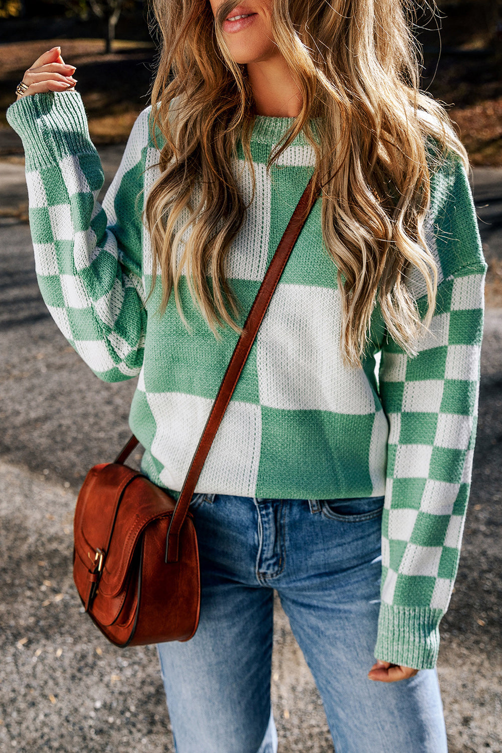 Mint Green Checkered Print Drop Shoulder Sweater - SELFTRITSS   