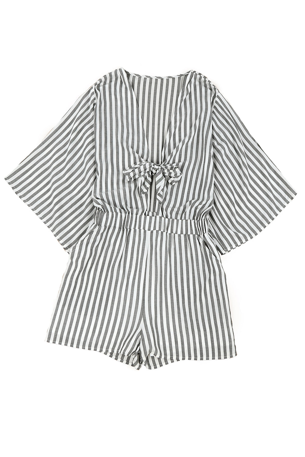 Gray 3/4 Wide Kimono Sleeves Tie Front Striped Romper with Pockets - SELFTRITSS   